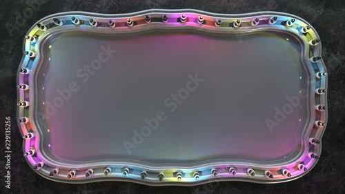 Blank board with glowing colorful light bulbs. Computer generated abstract motion background. 3D render seamless loop animation 4k UHD 3840x2160
