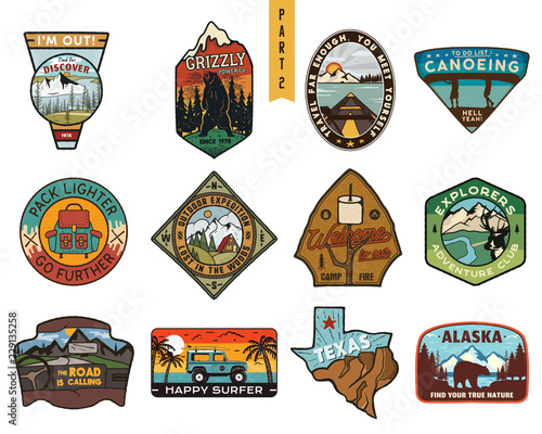 Vintage hand drawn travel badges set. Camping labels concepts. Mountain expedition logo designs. Outdoor hike emblems. Camp logotypes collection. Stock vector patches isolated on white background.