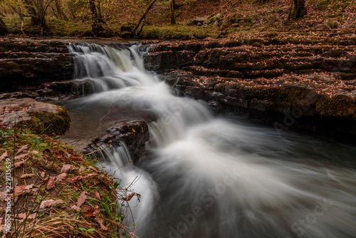 Waterfall near pontneddfechan in the brecon beacons national park, Wales. It is autumn, and golden leaves are all around.  Long shutter speed for a smooth effect on the water photo
