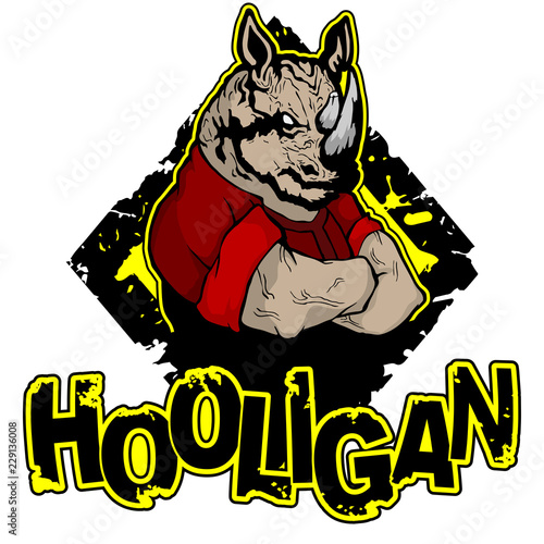 print on T-shirt "hooligan" with a  rhinoceros image. Vector illustration.