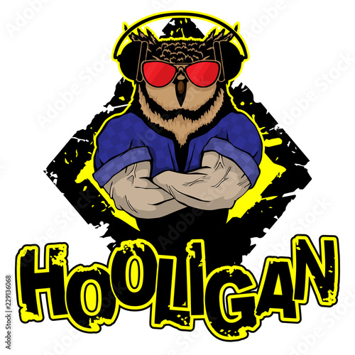 Print on T-shirt "hooligan" with a  owl image. Vector illustration.
