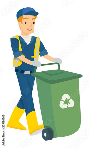 Vector illustration of man push the trash can