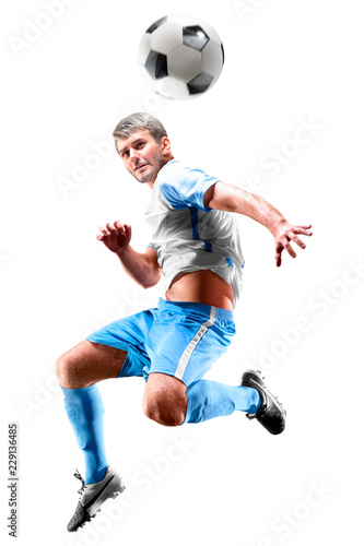 one caucasian soccer player man isolated on white background