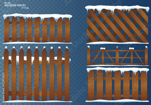 Wooden fence. Cartoon wooden fence with snow. Christmas winter holidays. Vector illustration. Set, Isolated on transparent background. EPS10