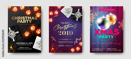 Set of Christmas Party 2019 Invitations. Winter Composition with Christmas Lights, Greeting Text, Gift Box, Golden Glittering Star, Foil Tinsel, Vintage Garland. Luxury Template Design. Xmas Banner.