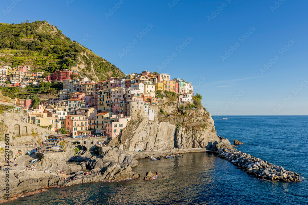 Beautiful view of Manarola in the late afternoon light, Cinque Terre, Liguria, Italy