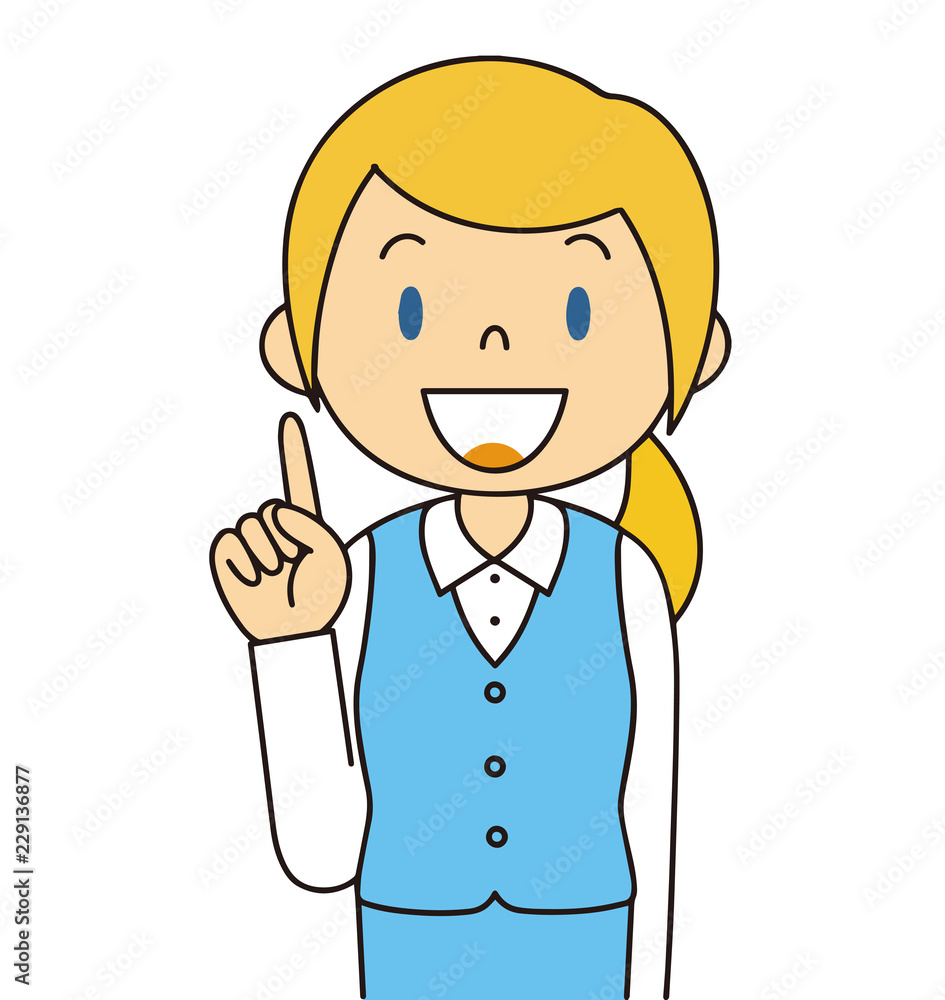 二頭身　外国人　水色の制服の女性　人差し指をさす　ひらめく