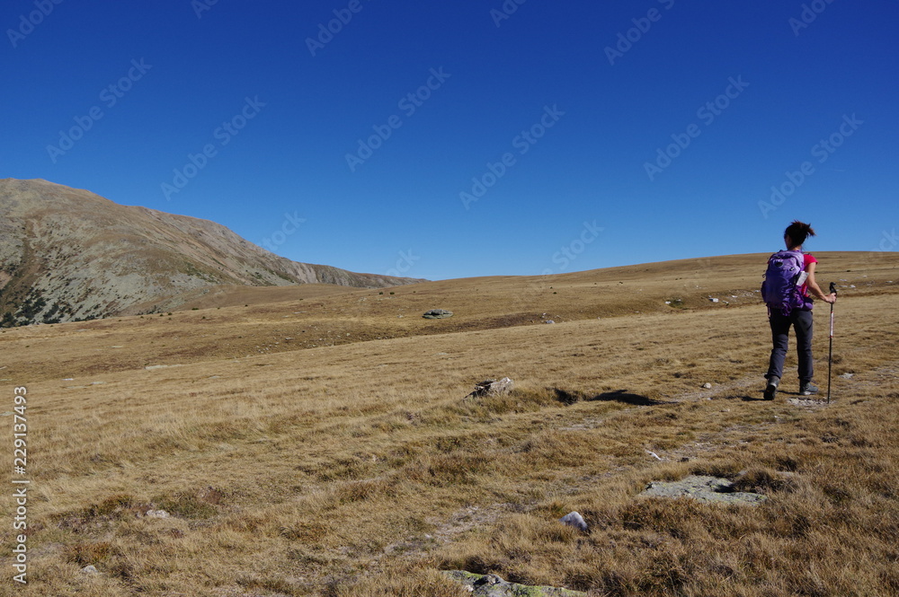 Jeune femme randonne dans la steppe au pla guillem dans le massif du canigou Jeune femme randonne dans la steppe au pla guillem dans le massif du canigou