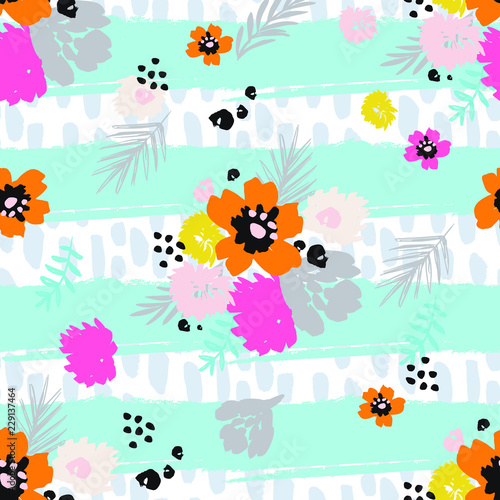 Cute Flowers with Black Hand Drawn Stripes Background 