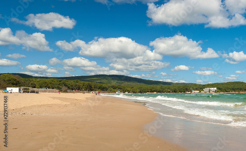 Beautiful beach Dunes on the Black Sea in Bulgaria near Sozopol. Panorama of a beautiful seashore on a sunny summer day.