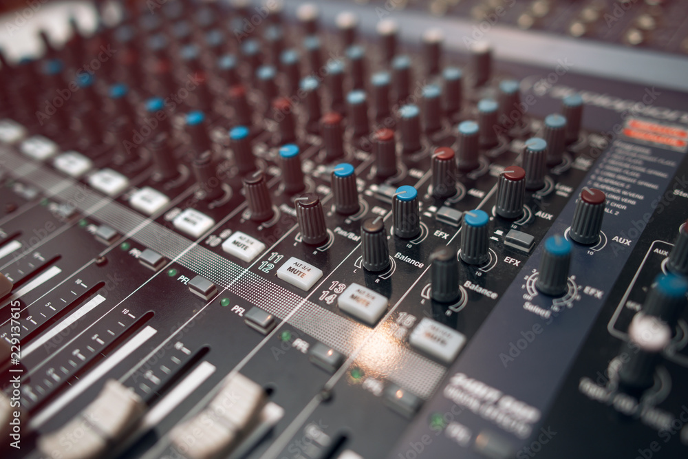 Digital sound audio mixer closeup . Equalizer console. Studio music recording equipment. Digital sound audio mixer closeup . Equalizer console. Studio music recording equipment.