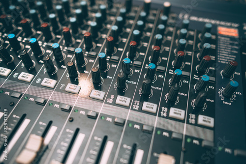 Digital sound audio mixer closeup . Equalizer console. Studio music recording equipment. 