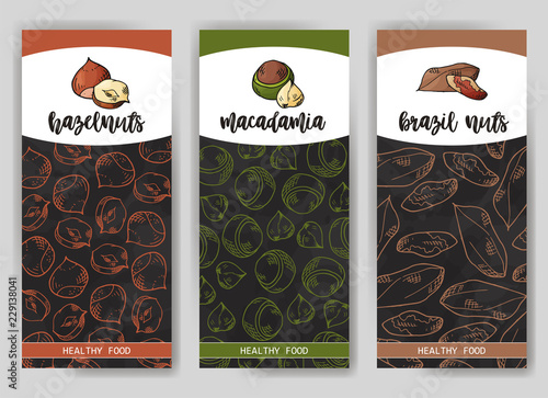 Natural nuts and seeds template. Hand drawn objects for your design. The pattern with space for text. Vector illustration