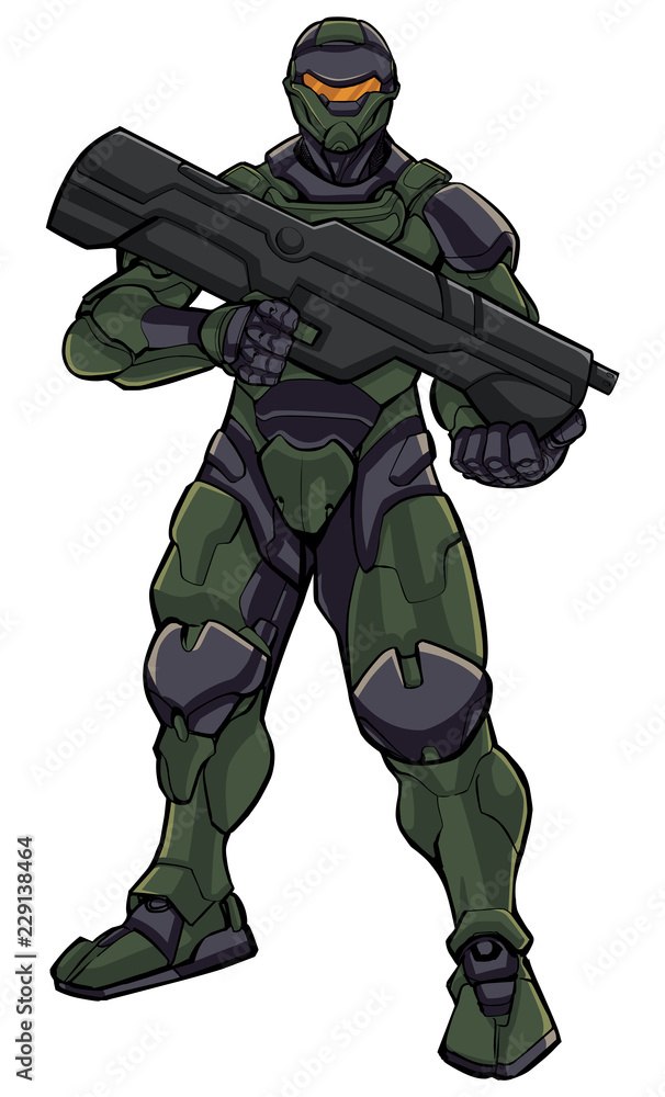 Illustration of futuristic soldier in high-tech exoskeleton armor suit ...