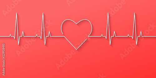 Heartbeat and heart rate line concept made in flat design on light red background. Vector illustration.