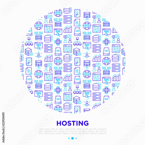 Hosting concept in circle with thin line icons: VPS, customer support, domain name, automated backup, SSD, control panel, secure server, local network. Vector illustration for banner, print media.