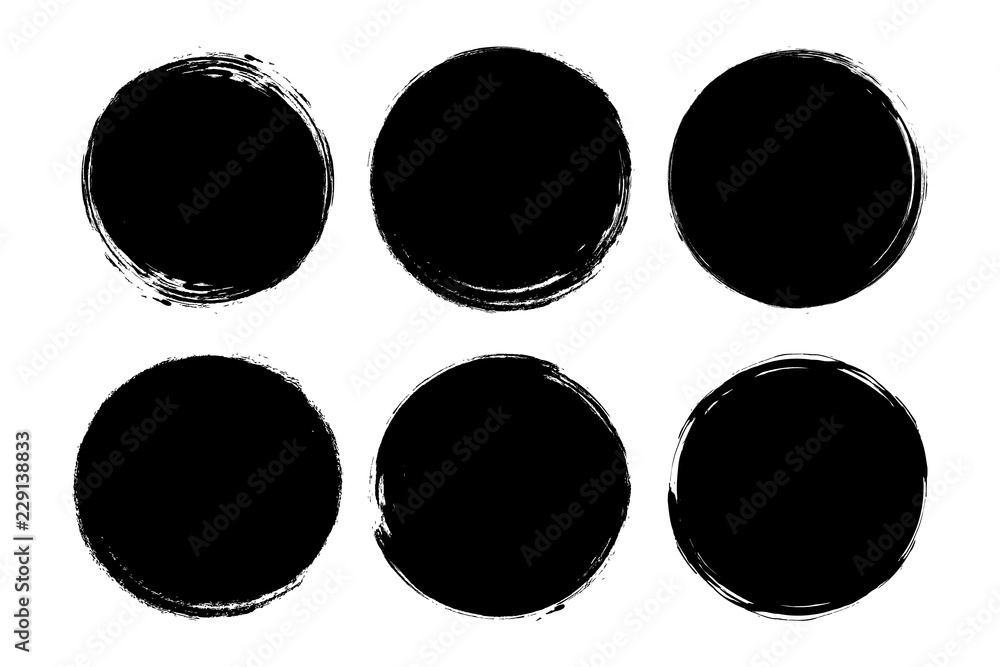 Set of circle, grunge, black paint, ink, dirty brush strokes. Creative elements for your design. Vector illustration. - obrazy, fototapety, plakaty 