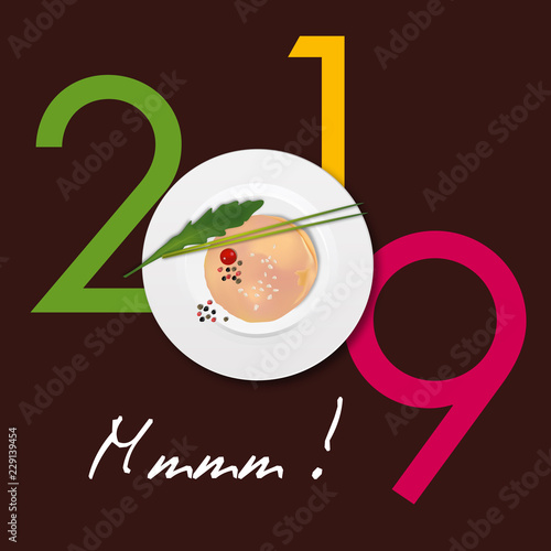Carte de vœux 2019 gastronomique avec une tranche de foie-gras posée sur une assiette