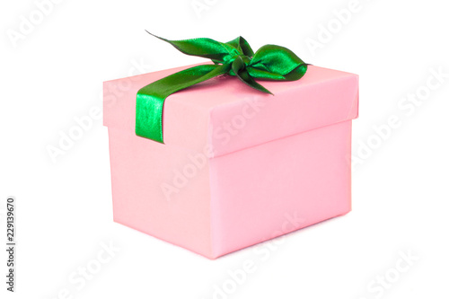 Pink gift box with green satin ribbon bow