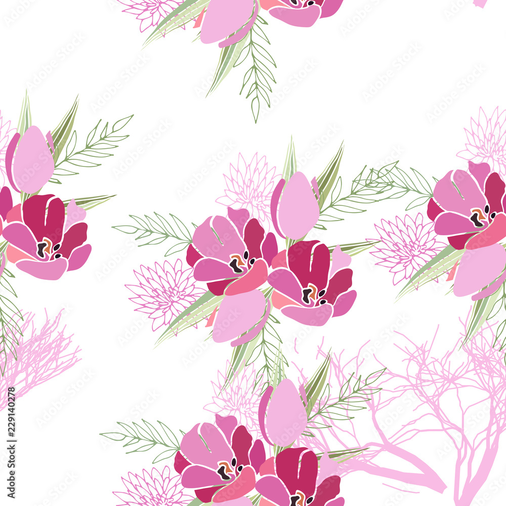 Seamless pattern with summer flowers and leaves on white background. Herbal pattern in light colors for the design of clothes.