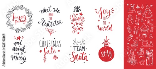 Vector hand drawn Lettering with Christmas Doodle collection