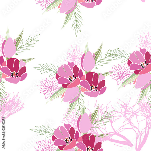 Seamless pattern with summer flowers and leaves on white background. Herbal pattern in light colors for the design of clothes.