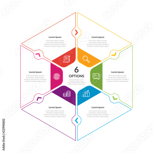 Hexagon chart infographic template with 6 options for presentations. Hexagonal graphic template for Advertising, Layouts, Annual report - Vector illustration