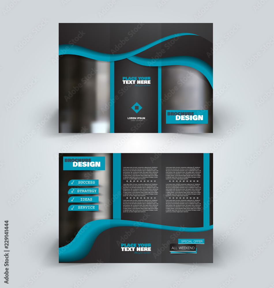 Brochure design. Creative tri-fold template. Abstract geometric background  leaflet layout. Black and blue color vector illustration. Stock Vector |  Adobe Stock