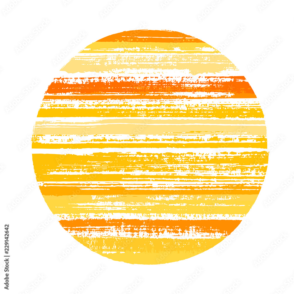 Retro circle vector geometric shape with striped texture of paint horizontal lines. Disc banner with old paint texture. Emblem round shape logotype circle with grunge background of stripes.