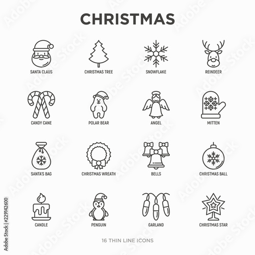 Christmas thin line icons set  Santa Claus  snowflake  reindeer  wreath  bells  decoration  candy cane  polar bear in hat  angel  mitten  candle  penguin  garland. Modern vector illustration.