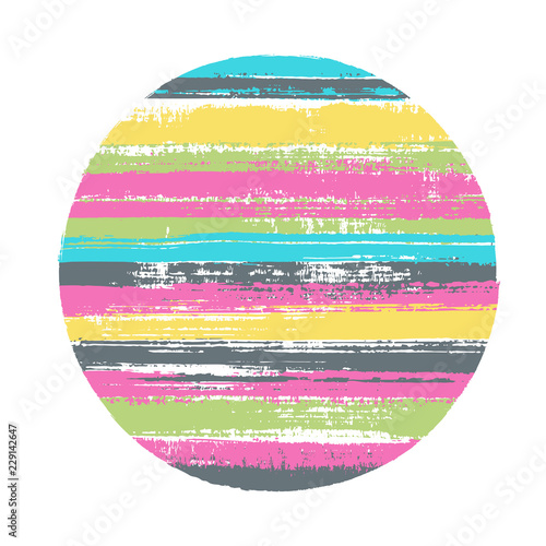 Ragged circle vector geometric shape with stripes texture of paint horizontal lines. Old paint texture disk. Stamp round shape logotype circle with grunge stripes background.