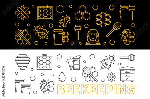 Vector set of 2 beekeeping outline horizontal banners