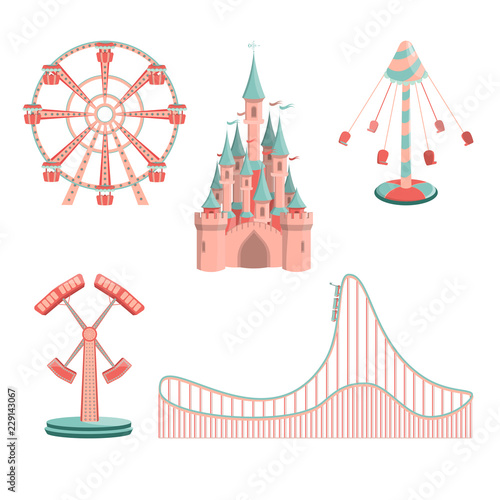 Set of cartoon amusement park rides icons