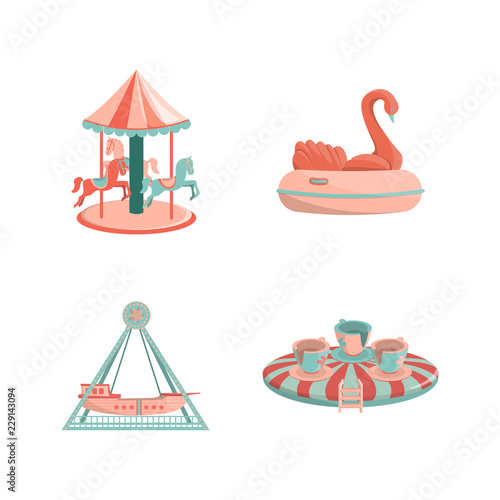 Set of cartoon amusement park rides icons