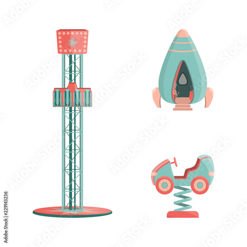 Set of cartoon amusement park rides icons 