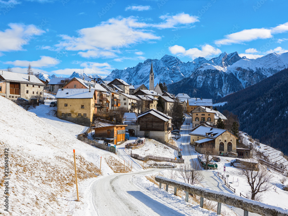 Scenic view on Guarda village at a beautiful sunny day in winter,  Lower Engadine, Graubunden, Switzerland.