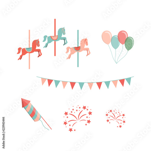 Set of cartoon amusement park rides icons