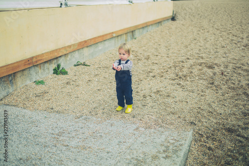 Toddler standing on the beach in autumn