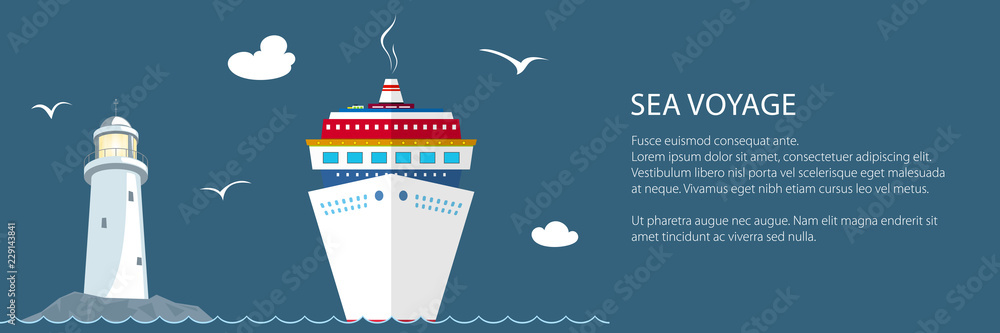 Sea Voyage ,Marine Tourism, Cruise Ship and Lighthouse at the Ocean and Text ,Travel Banner, Vector Illustration