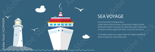 Sea Voyage ,Marine Tourism, Cruise Ship and Lighthouse at the Ocean and Text ,Travel Banner, Vector Illustration