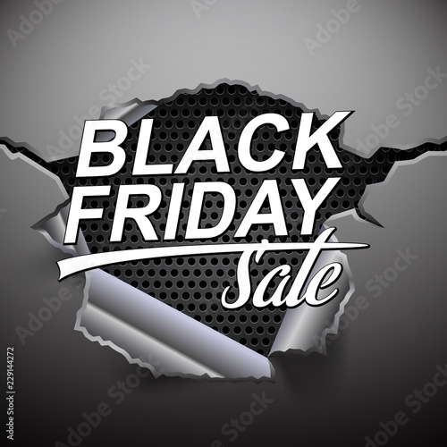 Black friday sale banner on abstract metal background with hole, vector illustration