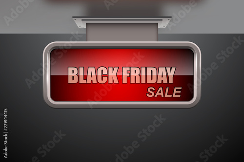 Black friday sale tag on abstract red banner with glowing effect, vector background