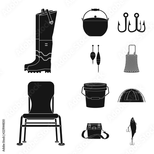 Vector illustration of fish and fishing sign. Set of fish and equipment stock symbol for web.