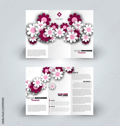 Brochure design. Creative tri-fold template. Geometric flowers background leaflet layout. Pink color vector illustration.