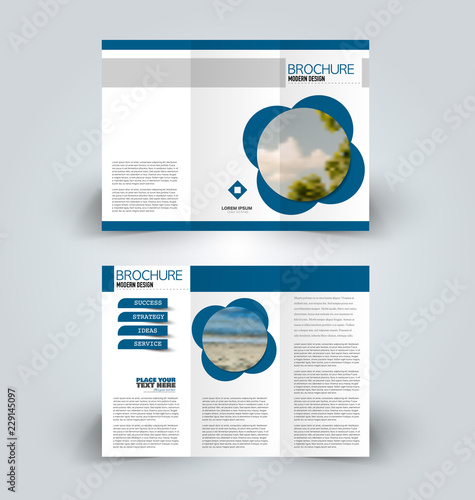 Brochure design. Creative tri-fold template. Abstract geometric background leaflet layout. Blue color vector illustration.