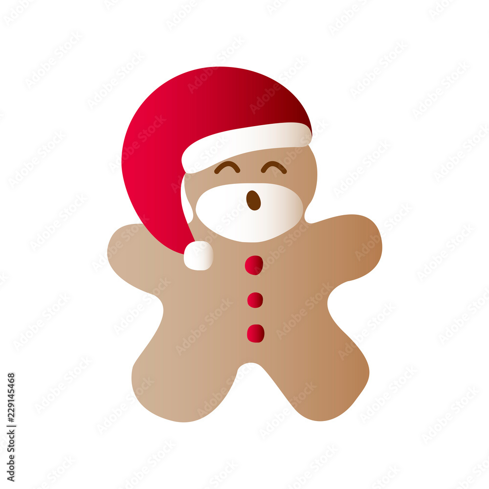 Fototapeta premium Vector illustration icon of laughing gingerbread man dressing in red Santa Claus' clothes on a white background