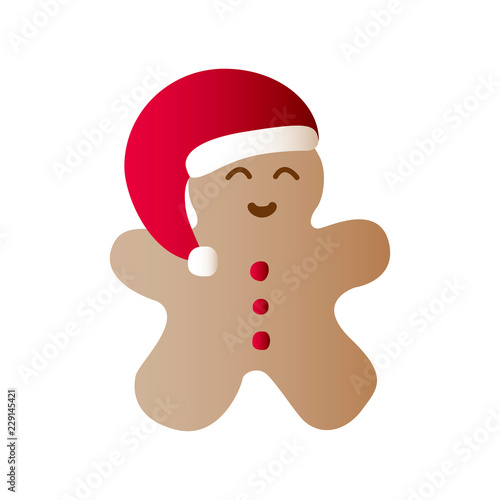 Vector illustration icon of laughing gingerbread man dressing in red Santa Claus' clothes on a white background