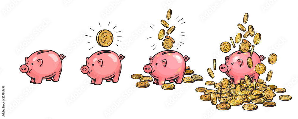 Cartoon piggy bank set. Empty, with one coin, with falling coins, heaped  over money. Wealth and success concept. Hand drawn vector illustration.  Stock Vector | Adobe Stock