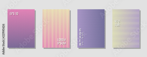 Elegant purple zig zag banner templates, wavy lines gradient stripes backgrounds for advertising cover. Curve shapes stripes, zig zag edge lines halftone texture gradient magazine covers collection.