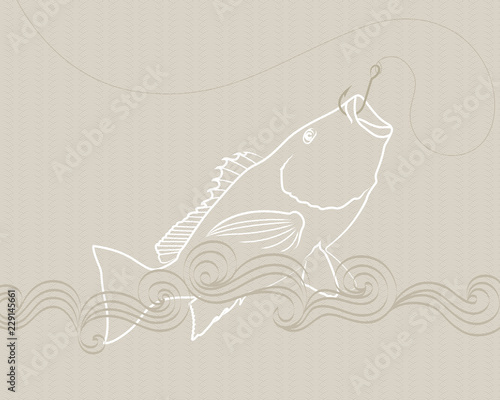 Fish caught on a hook jumps out of the waves on an abstract background.